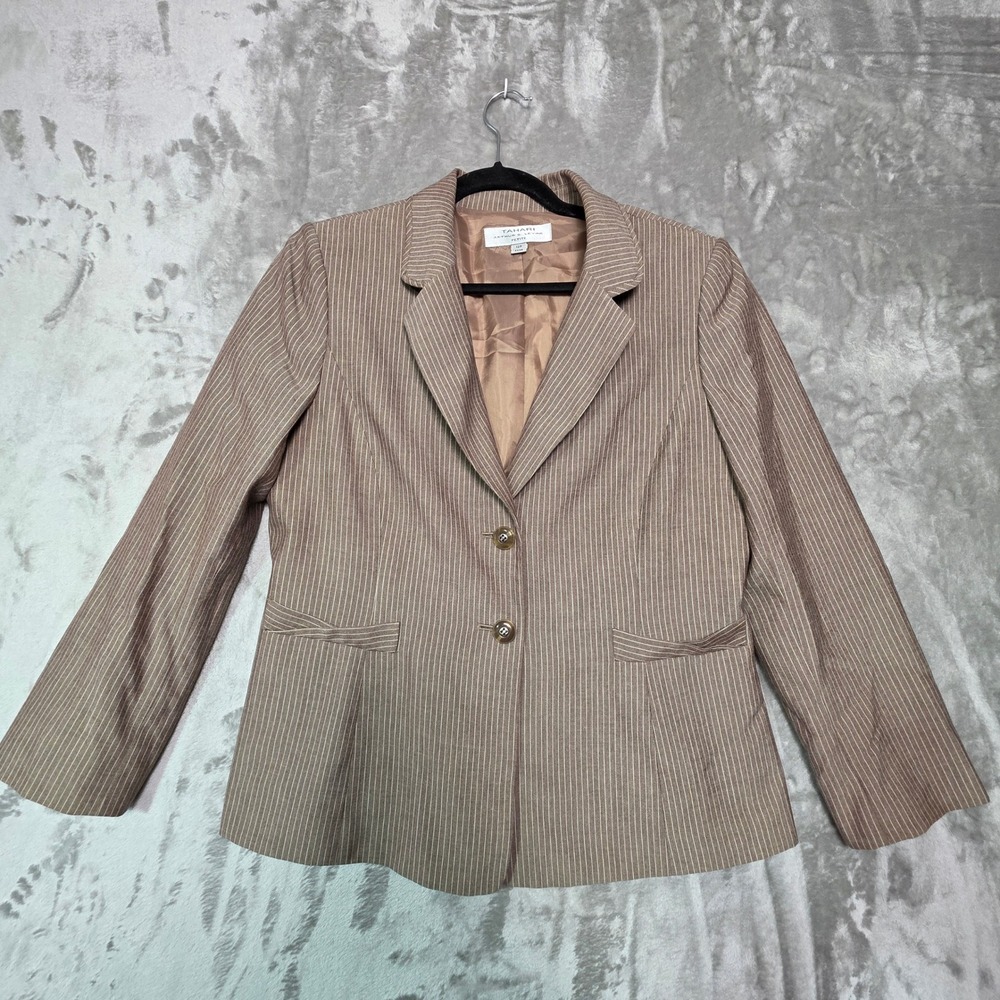 Tahari Arthur S. Levine Brown Pinstripe Blazer Petite 12P Two Button Jacket